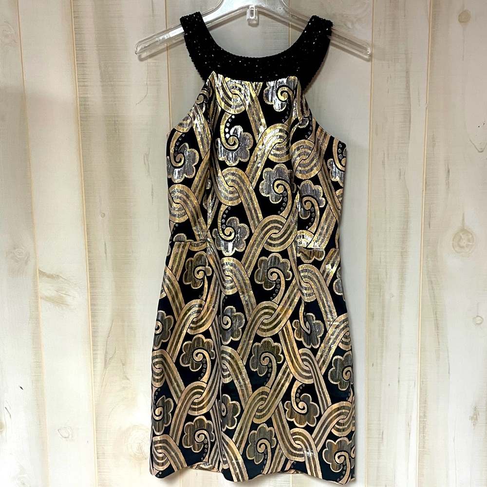 Lilly Pulitzer Sydney Brocade Black Gold Metallic Beaded Cocktail Dress Sz 2 - Picture 4 of 10